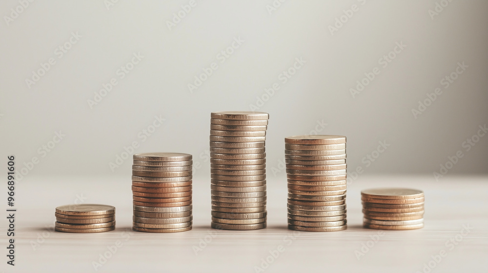 Stacks of coins gradually increasing in height, arranged neatly from smallest to largest, on a clean, neutral background. photo Stacks of coins gradually increasing in height, arranged neatly from smallest to largest, on a clean, neutral background. photo