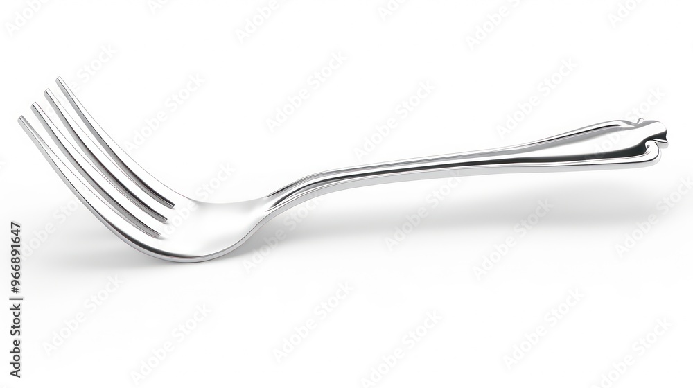 A single, silver fork lays flat on a white background. The fork is a standard size with four tines and a decorative handle. It is isolated on a white background with a soft shadow underneath. A single, silver fork lays flat on a white background. The fork is a standard size with four tines and a decorative handle. It is isolated on a white background with a soft shadow underneath.