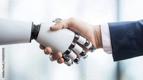 A close-up of a robot and human hand shaking, symbolizing collaboration between artificial intelligence and humans in the digital transformation era. photo photo