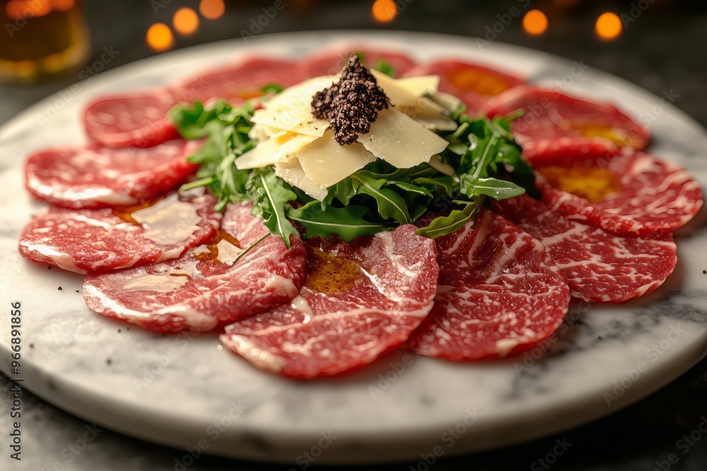 Wagyu beef carpaccio salad with shaved parmesan and truffle oil Wagyu beef carpaccio salad with shaved parmesan and truffle oil