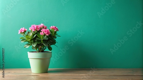 Small houseplant with green leaves and pink blooms against green wall low angle view