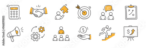 Hand drawn icon sketch business office career set. Doodle hand drawn business office target, finance group work, career teamwork strategy. Target, puzzle, chart element. Vector illustration.