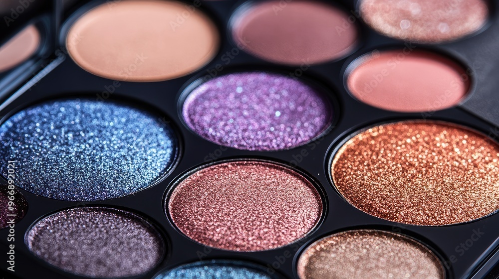 Detailed image of an eyeshadow palette with matte and shimmer shades, no branding, centered on the color variety, no people. Detailed image of an eyeshadow palette with matte and shimmer shades, no branding, centered on the color variety, no people.