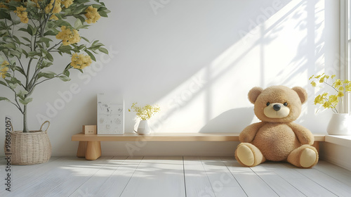 A cozy room with a teddy be...
