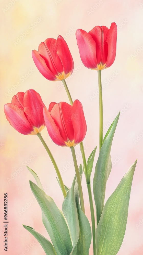 Four red tulips on a pastel background, botanical art. Nature and spring concept Four red tulips on a pastel background, botanical art. Nature and spring concept