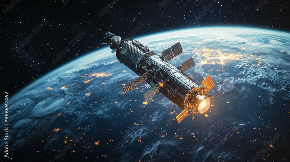 Obraz premium A high tech space telescope orbits above Earth, capturing stunning views of planet and cosmos. Its intricate design showcases advanced technology and exploration