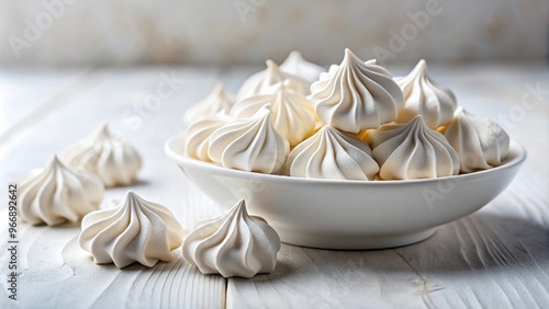 Small white meringues in a white dish on the table photo