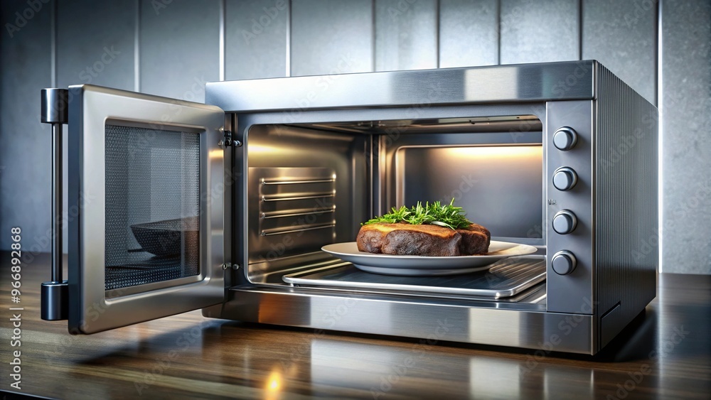 Smart microwave oven cooking a perfect steak from low angle view Smart microwave oven cooking a perfect steak from low angle view