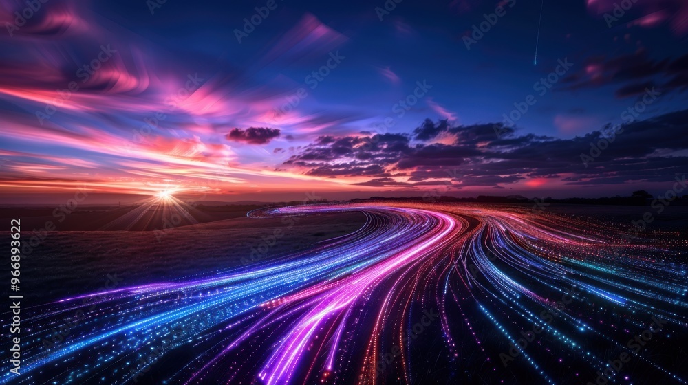 Innovation and technology conceptual - stock photo fiber optic lighting line on beautiful landscape for innovation and technology abstract background conceptual, futuristic abstract background Innovation and technology conceptual - stock photo fiber optic lighting line on beautiful landscape for innovation and technology abstract background conceptual, futuristic abstract background