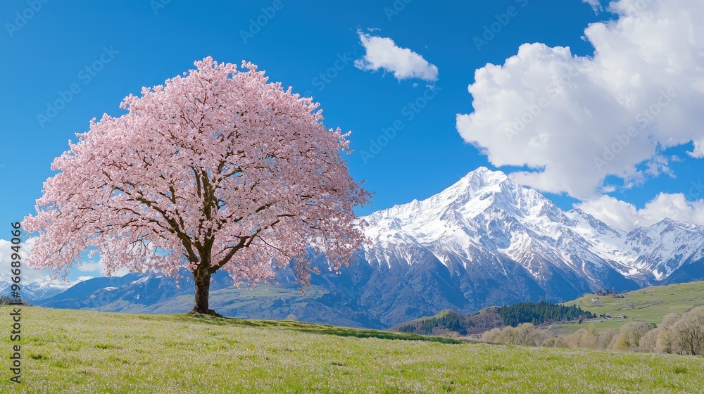 Pink Cherry Blossom Tree in Spring Meadow with Snowy Mountain Background Pink Cherry Blossom Tree in Spring Meadow with Snowy Mountain Background
