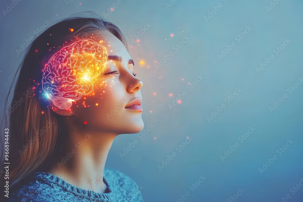 Synaptic plasticity glial cells and functional neuroanatomy woman with glowing orange brain representing emotional cognition and creativity Synaptic plasticity glial cells and functional neuroanatomy woman with glowing orange brain representing emotional cognition and creativity