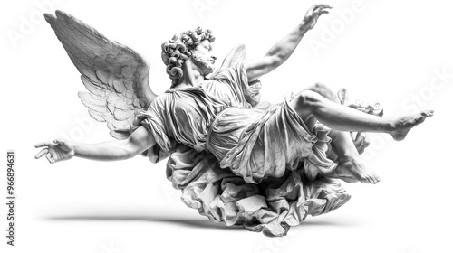 Fallen Angel: A poignant portrayal of a winged celestial being cast down, sculpted in stark monochrome - evoking themes of grace, despair, and the duality of existence.  photo