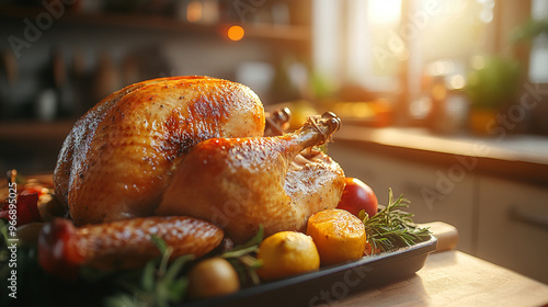 Roast turkey on luxury table. Thanksgiving day.