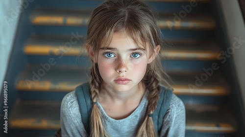 Sad young girl with backpack sitting on stairs in school hallway