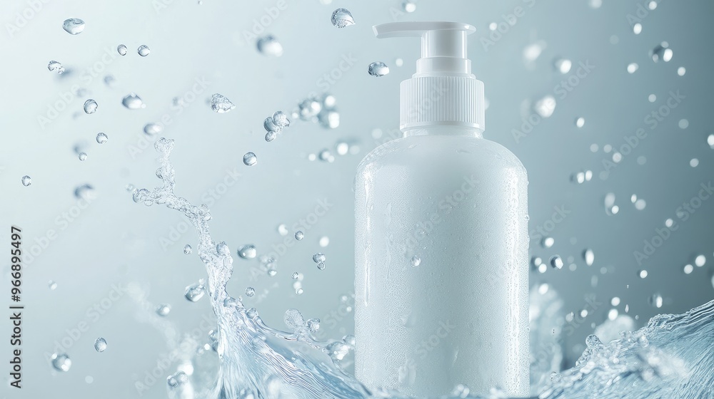 Foam cleanser bottle with droplets of water, showcasing a refreshing and clean look, no branding, focal point on the bottle, no people. Foam cleanser bottle with droplets of water, showcasing a refreshing and clean look, no branding, focal point on the bottle, no people.