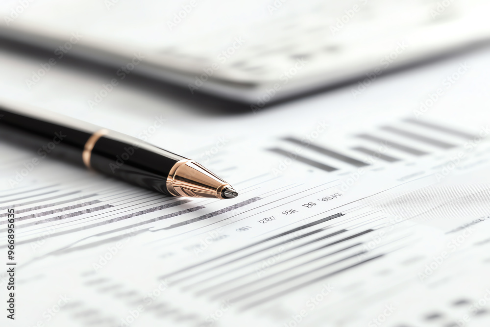 Close-up of a pen resting on financial reports, symbolizing analysis and data management in business. Close-up of a pen resting on financial reports, symbolizing analysis and data management in business.