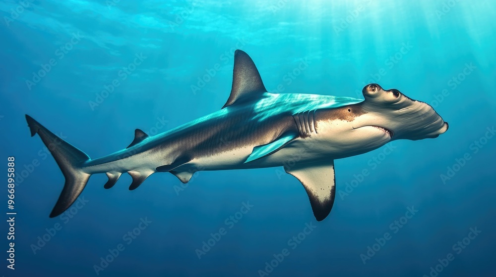 Majestic Hammerhead Shark Navigating the Depths of the Ocean Showcasing Its Distinctive Head Shape and Captivating Underwater Behavior Majestic Hammerhead Shark Navigating the Depths of the Ocean Showcasing Its Distinctive Head Shape and Captivating Underwater Behavior