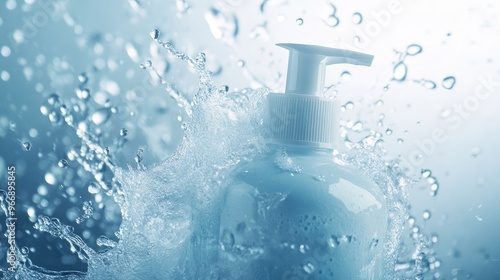 Foam cleanser bottle with water droplets in motion, creating a lively and refreshing atmosphere, no logo, clear focal point, no people.