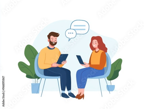 Two individuals engaged in a conversation while using digital devices, surrounded by greenery, illustrating modern communication.