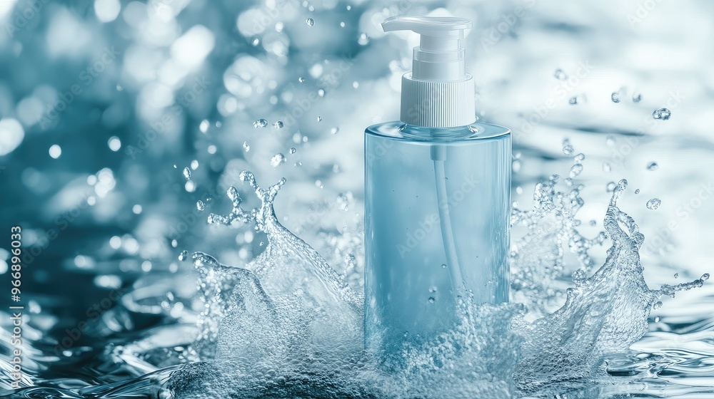 Foam cleanser bottle with water splashes around it, enhancing a fresh and pure look, no branding, centered focus, no people. Foam cleanser bottle with water splashes around it, enhancing a fresh and pure look, no branding, centered focus, no people.