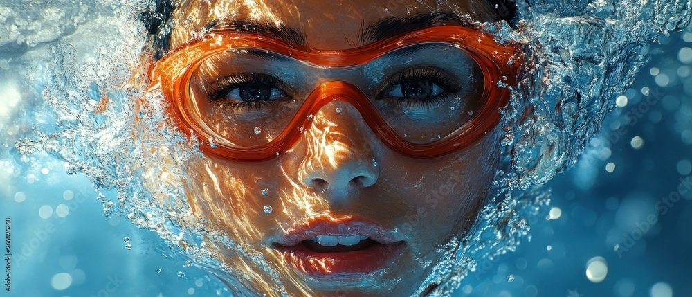 Close-up of a Woman's Face with Orange Goggles Underwater Close-up of a Woman's Face with Orange Goggles Underwater