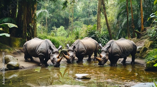 Rhinoceroses at the zoo in Pasuruan, Indonesia, specifically in Taman Safari 2 in Prigen. The one-horned rhinos roam freely in the forest, with visitors observing their natural habitat. photo