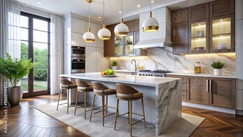 A stylish modern kitchen island boasts a durable marble surface, paired with sleek bar stools and a radiant