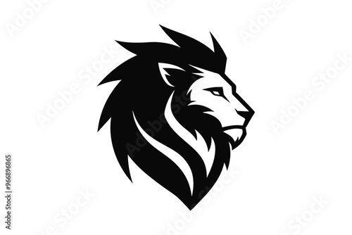 A lion head logo icon, featuring a modern stylish shape with an underline, set on a solid white background silhouette black vector art illustration