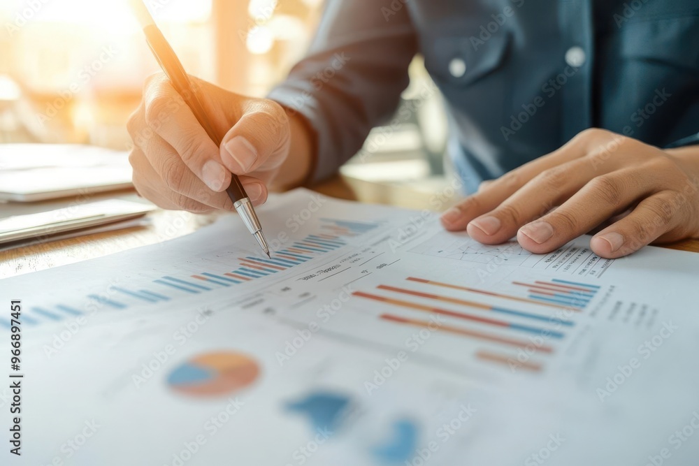 Fingers adjusting printed charts showing customer segmentation analysis, Customer Segmentation, Consultant guiding client on targeting strategies Fingers adjusting printed charts showing customer segmentation analysis, Customer Segmentation, Consultant guiding client on targeting strategies