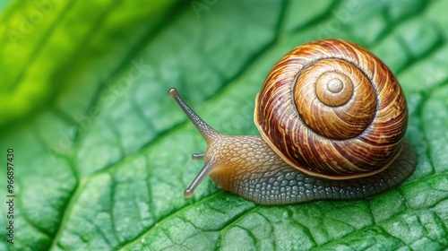 Close up photography of a snail slowly crawling across a lush green leaf revealing the fascinating biomechanics and physics behind the creature s slimy movement and of its natural habitat photo