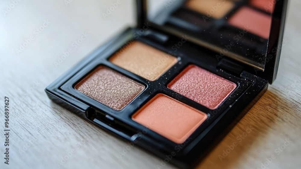 Minimalist eyeshadow palette in a travel-sized container, no logo, focusing on the range of colors, no people. Minimalist eyeshadow palette in a travel-sized container, no logo, focusing on the range of colors, no people.