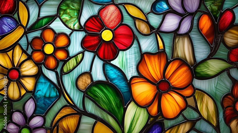 Stained glass panel with abstract patterns of cute flowers and plants, intricate details, deep depth of field Stained glass panel with abstract patterns of cute flowers and plants, intricate details, deep depth of field