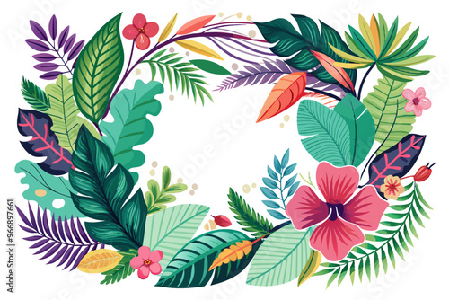 A vibrant and tropical illustration featuring a bouquet of exotic leaves and a single bright red flower.