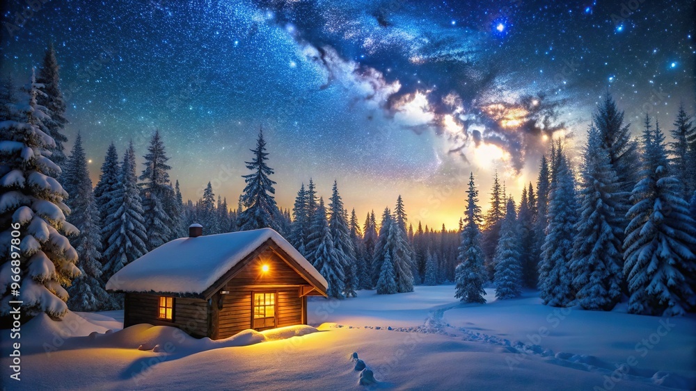 Fototapeta premium Snow-covered cabin surrounded by trees reflected on a frozen lake under a starry sky at night