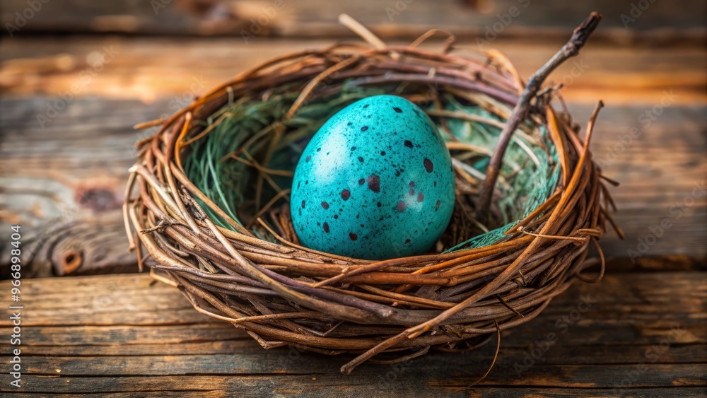 A turquoise bird egg with speckled markings sits snugly within a rustic wooden nest, adorned with twigs, moss, A turquoise bird egg with speckled markings sits snugly within a rustic wooden nest, adorned with twigs, moss,