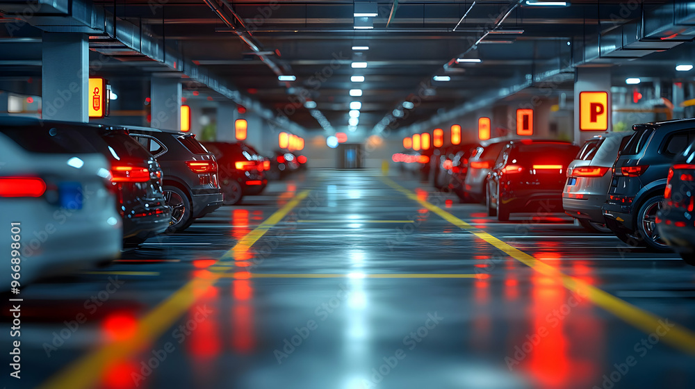 A dimly lit parking garage filled with parked cars and illuminated signage. A dimly lit parking garage filled with parked cars and illuminated signage.