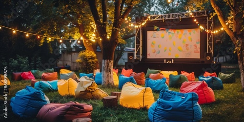 open air cinema with colorful bean bag. empty white screen, free space for text or montage photo