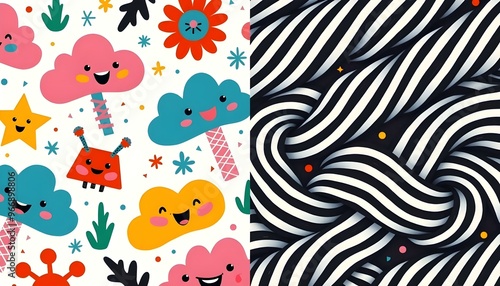 2 cute backgrounds for kids. Colorful cloud images and alternating black and white threads.