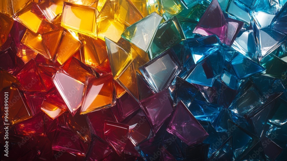 Close-up of Colorful, Shiny, Geometric, Transparent, Glass Pieces Close-up of Colorful, Shiny, Geometric, Transparent, Glass Pieces