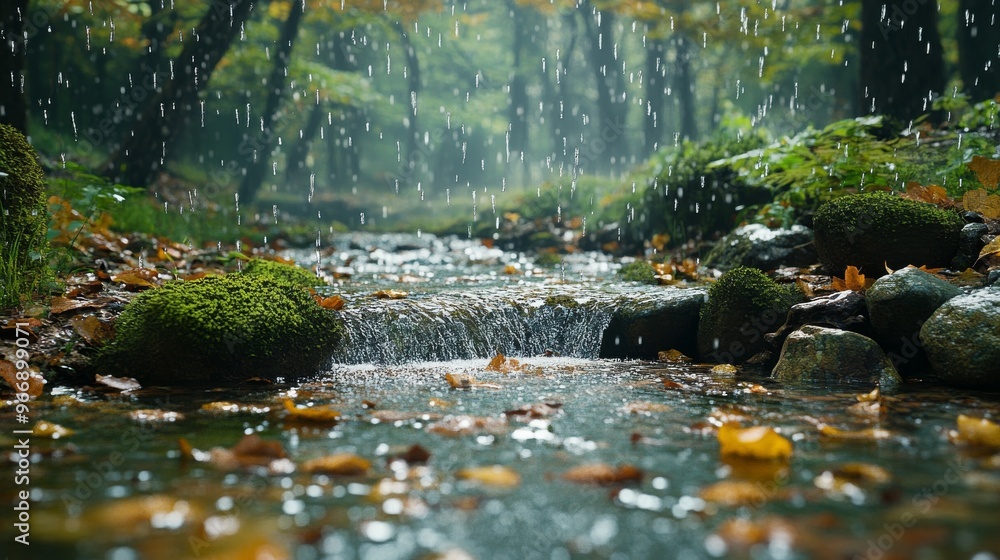 Fototapeta premium A Small Waterfall in a Forest During a Rain Shower