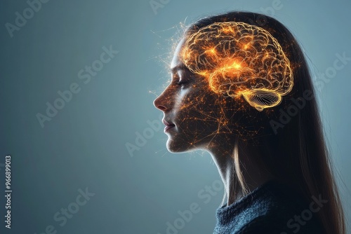 Neurogenesis cognitive bias and neuroadaptive woman with glowing brain visualization symbolizing cognitive energy and neural processing power photo