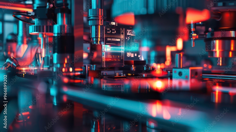 Close-up of a futuristic industrial production line with robotic arms and glowing lights. Close-up of a futuristic industrial production line with robotic arms and glowing lights.