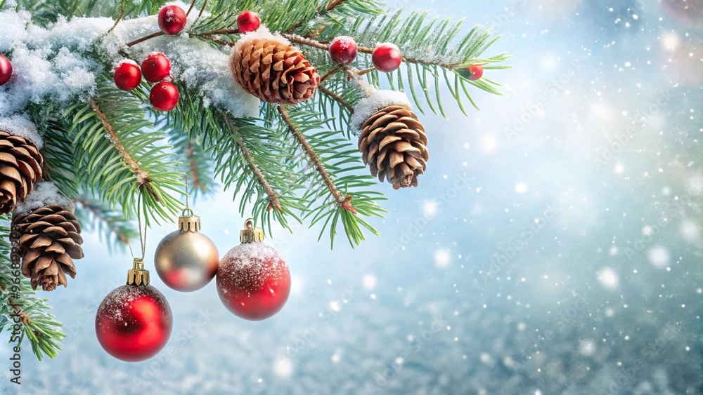 Snowy fir branch with red globes and pine cones against a low angle snow background Snowy fir branch with red globes and pine cones against a low angle snow background