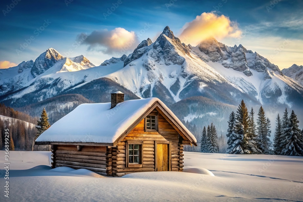 Snowy cabin with mountain silhouette Snowy cabin with mountain silhouette