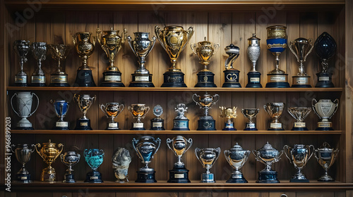 A display of various trophies organized on a wooden shelf.