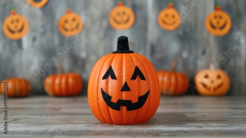 Festive Jack-o'-Lantern Pumpkin with Smiling Face Surrounded by Halloween Decorations on a Wooden Table for Holiday Fun