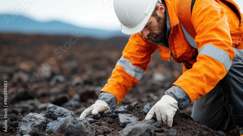 Scientist collecting and examining volcanic rock samples in a field expedition researching the geological processes behind the formation of new land and landscapes photo