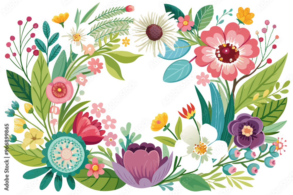 Naklejka premium Watercolor-style floral arrangement with pink, yellow, and white flowers, green leaves, and stems on a white background.