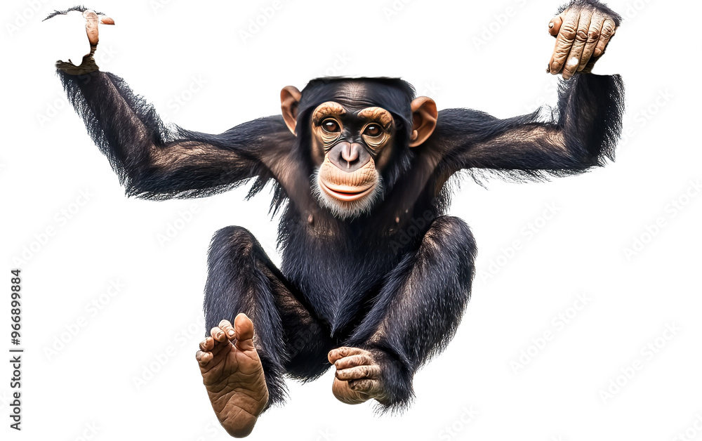 A chimpanzee ape hanging on white background,png A chimpanzee ape hanging on white background,png