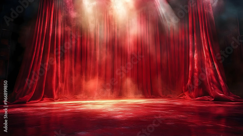 A dramatic stage with red curtains and atmospheric lighting, ready for a performance.